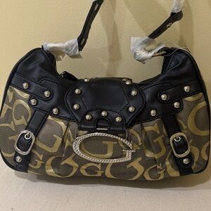 Gold Nylon & Vegan black Leather Fashion Women's Shoulder Bag